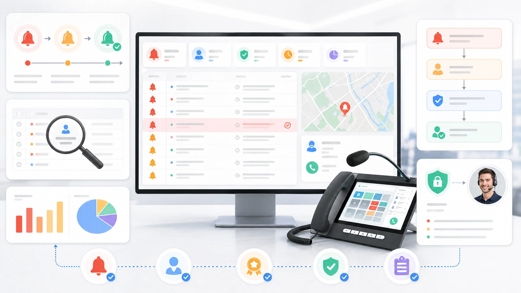ميزات الاعتراف بالإنذار تعرض حالات الإنذار المرئية وإمكانية تتبع المشغل وأدوات سير عمل الاستجابة