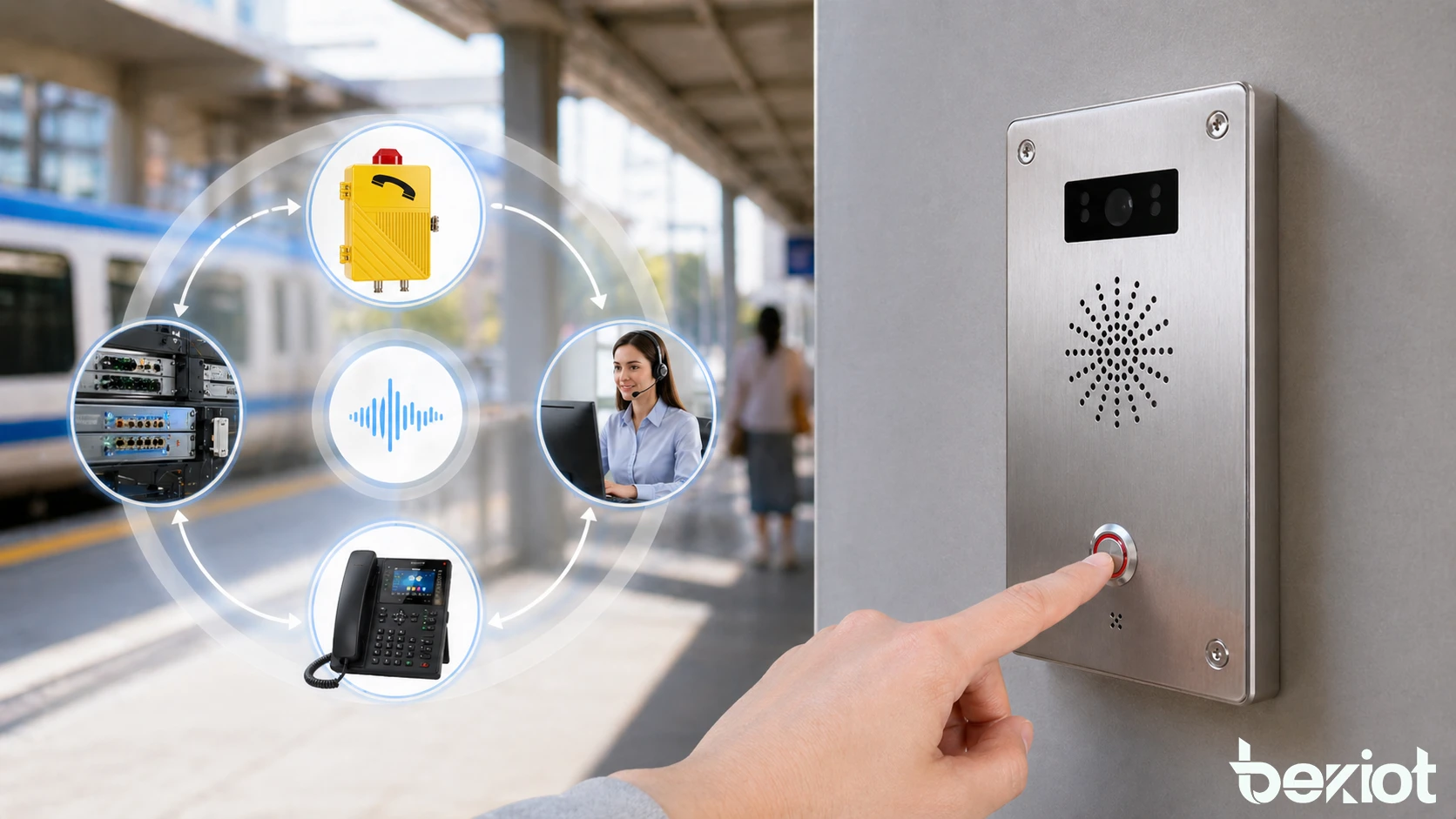 جهاز تواصل صناعي أو عام مزود بزر اتصال بارز، إشارة هوية واضحة وارتباط بغرفة التحكم