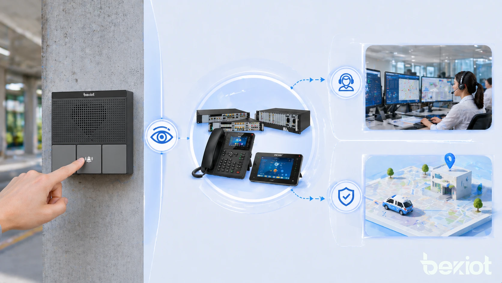 نشر أزرار الاتصال عبر نقاط المساعدة الجامعية، محطات النقل، مناطق العمل الصناعية ومحطات التواصل الطارئة