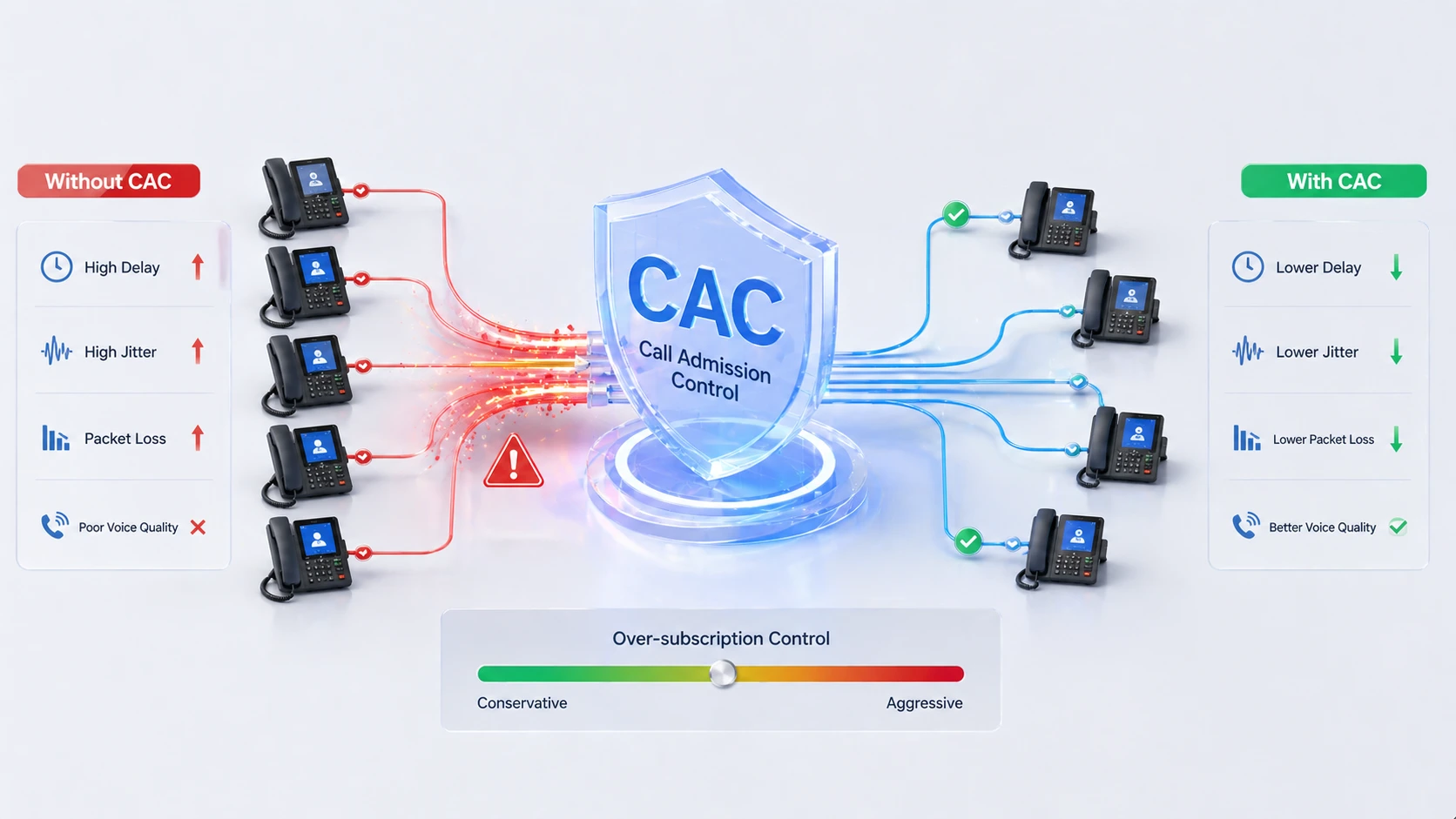 CAC يقلل من التذبذب والتأخير وفقدان الحزم في حركة مرور VoIP للمؤسسات عبر رابط شبكة منطقة واسعة محدود