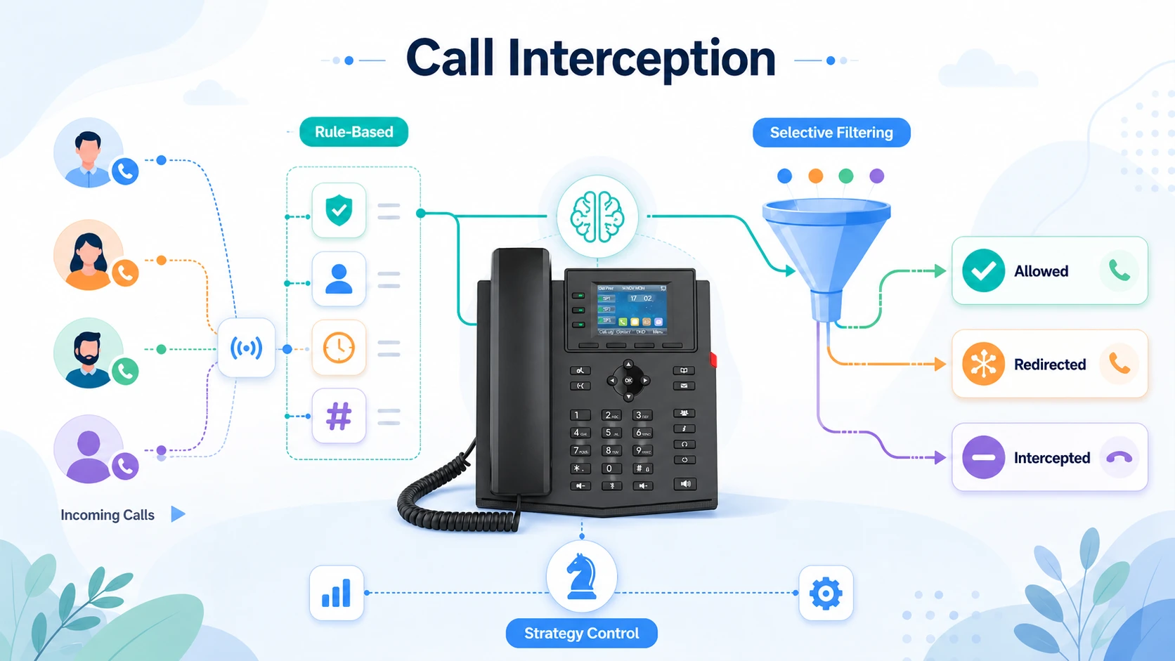 خصائص حظر المكالمات من خلال قواعد السياسة وتصفية الأرقام الانتقائية ومنطق التحكم في الوصول الهاتفي