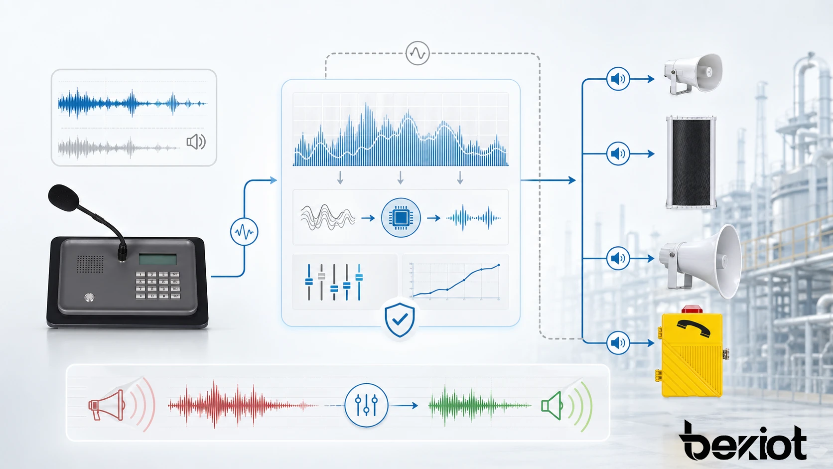 ميزات كبح العواء الصوتي تشمل الكشف التلقائي عن التغذية الراجعة والترشيح التكيفي والتحكم في الكسب والحفاظ على وضوح الكلام