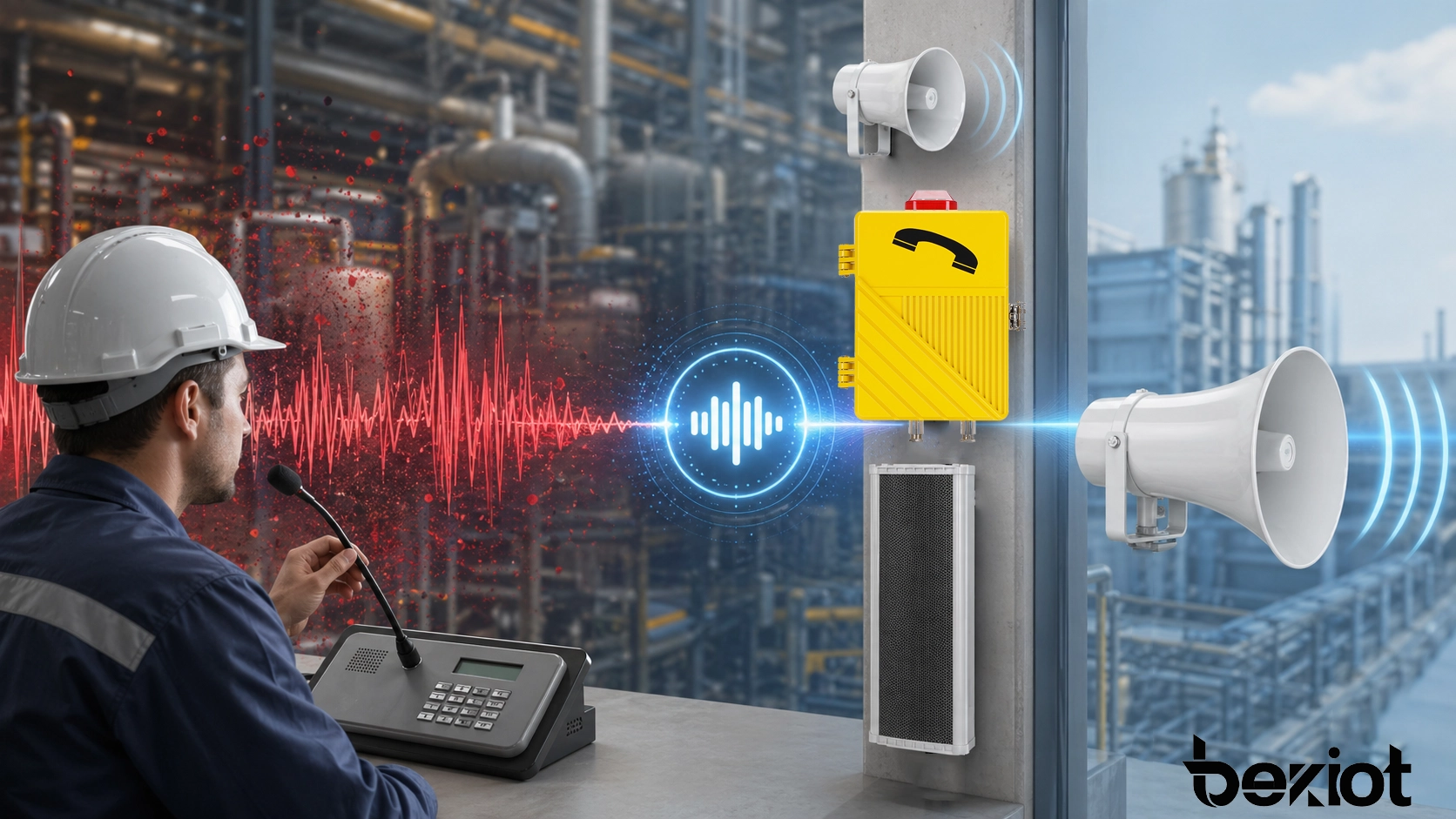 مفهوم تقليل الضوضاء NR يوضح خفض الضوضاء الخلفية مع بقاء الكلام واضحا في نظام اتصال تجاري وصناعي