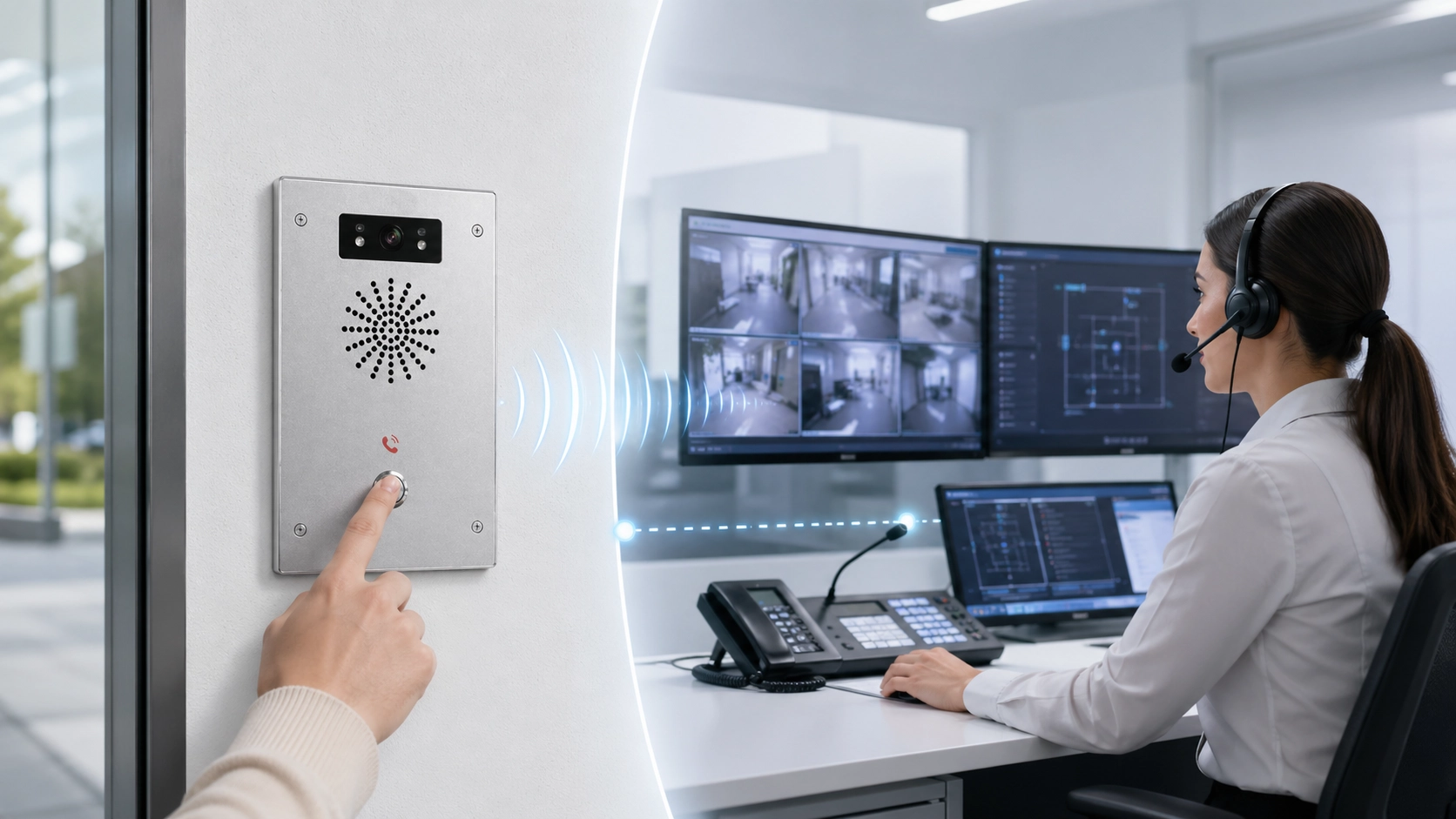 مفهوم اتصال Talkback يوضح مشغل غرفة التحكم وهو يرد على مستخدم إنتركوم ميداني عبر نظام صوتي ثنائي الاتجاه