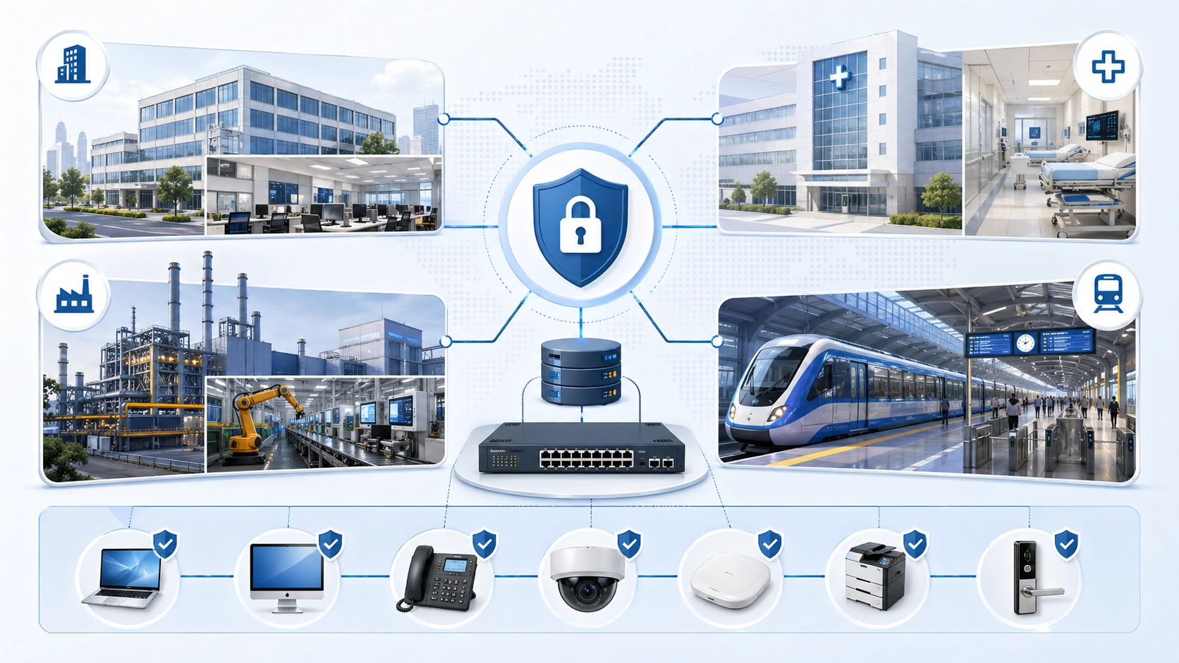 تطبيقات 802.1X في مكاتب الشركات وشبكات الحرم والمستشفيات والمواقع الصناعية وأنظمة النقل وهواتف IP والكاميرات ومحولات الوصول