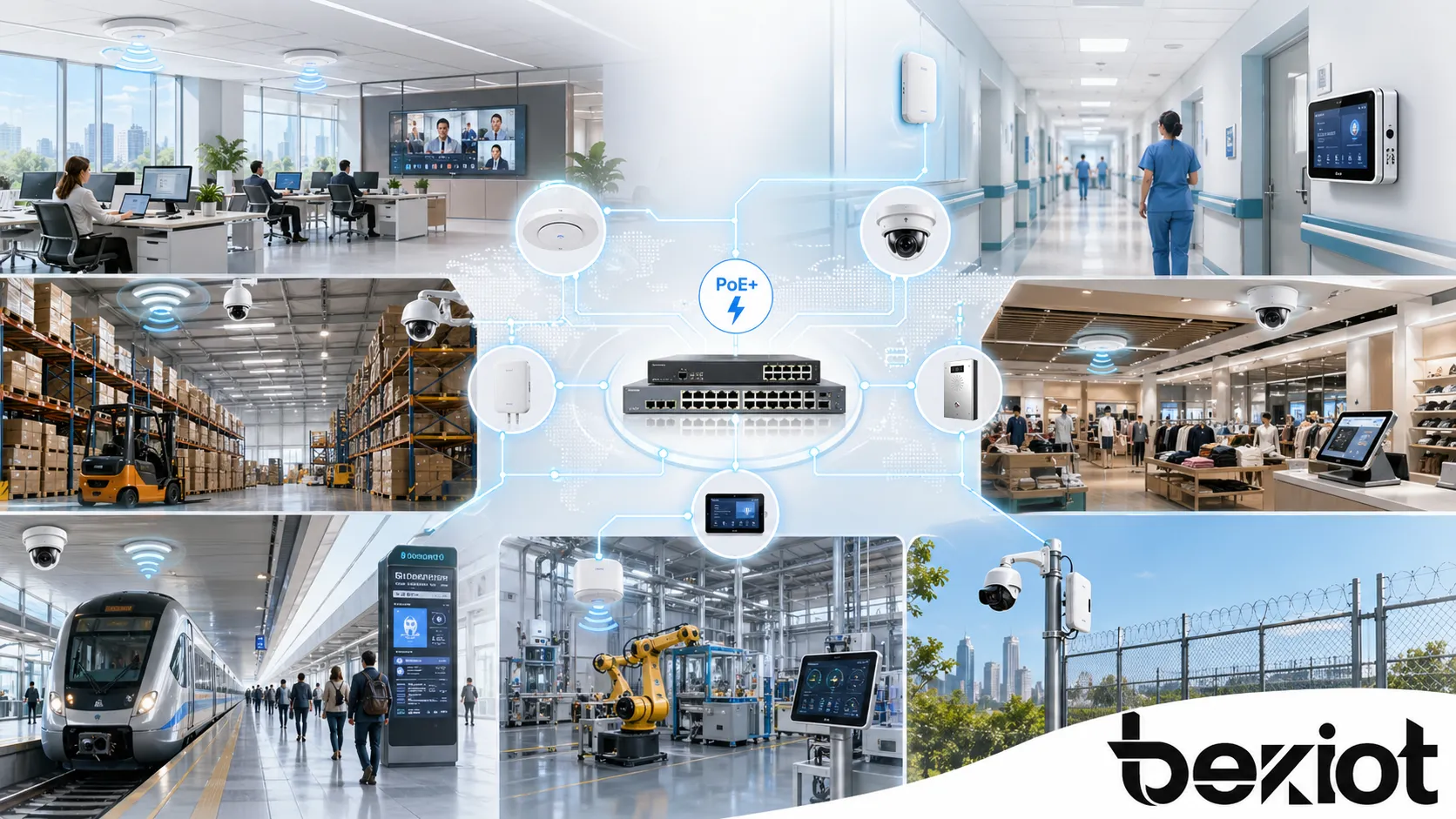 تطبيقات PoE+ عبر المكاتب والحرم الجامعي والمستشفيات والمستودعات ومتاجر البيع بالتجزئة ومواقع النقل والمرافق الصناعية وشبكات الأمن الخارجية