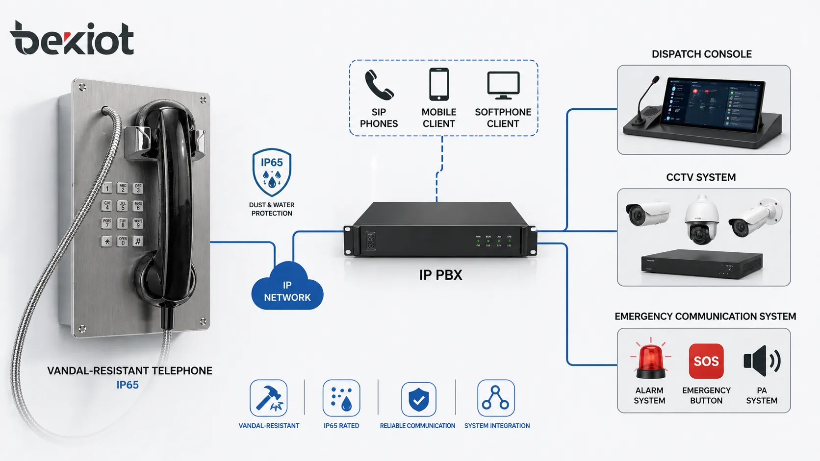 هاتف BT22 مقاوم للتخريب متصل مع IP PBX ووحدة تحكم إرسال وCCTV وبنية نظام اتصال طوارئ