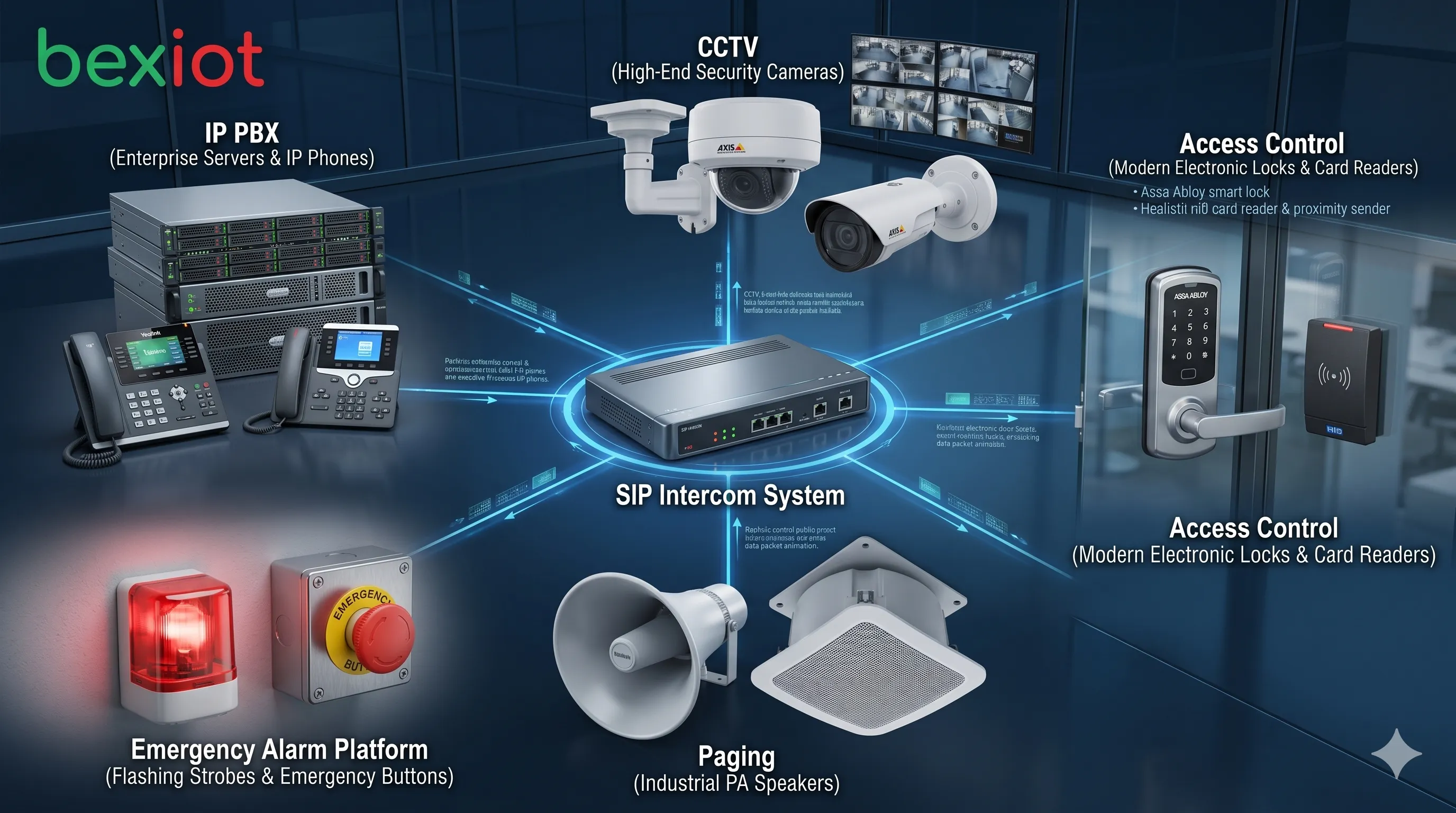 تكامل نظام اتصال داخلي SIP مع IP PBX و CCTV والتحكم في الدخول والنداء العام ومنصة إنذار الطوارئ