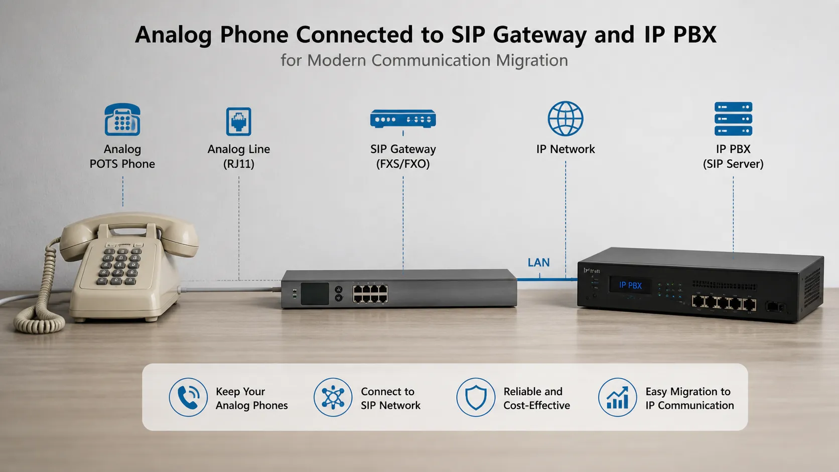 هاتف POTS تناظري متصل ببوابة SIP ونظام IP PBX من أجل هجرة اتصال حديثة