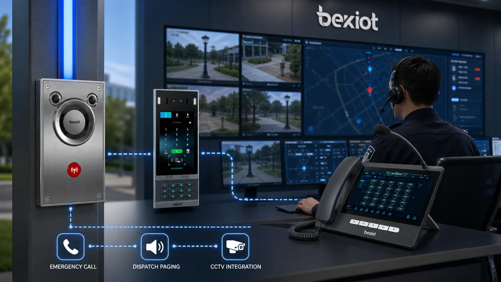 غرفة تحكم أمنية تراقب هواتف الضوء الأزرق مع توجيه طوارئ وإذاعة وتكامل CCTV