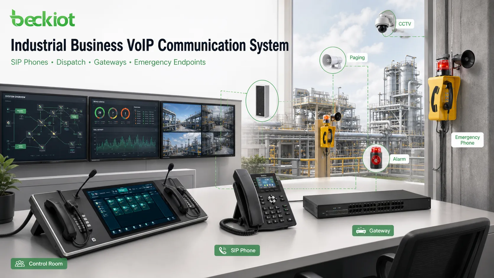 نظام تواصل VoIP صناعي يجمع هواتف SIP، وحدات التحكم الإرسالية، البوابات ونقاط نهاية الطوارئ
