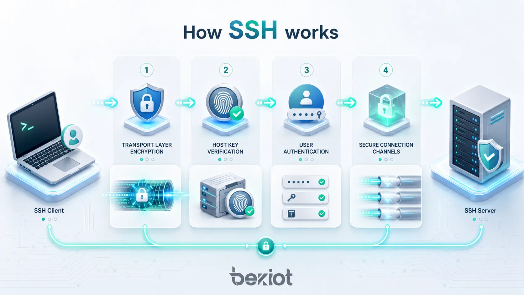شرح آلية عمل SSH وتظهر طبقة النقل للتشفير والتحقق من مفتاح المضيف للخادم وتوثيق هوية المستخدم وقنوات الاتصال الآمنة