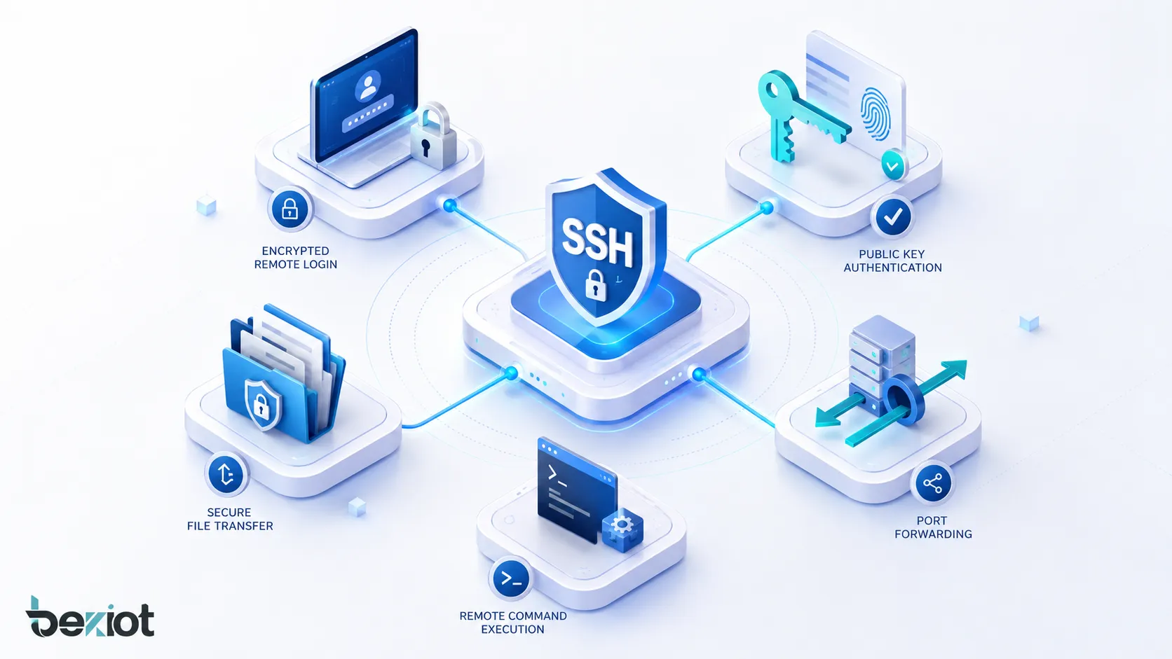ميزات SSH تظهر تسجيل الدخول المشفر، والتوثيق بالمفتاح العام، ونقل الملفات الآمن، وتوجيه المنافذ، وتنفيذ الأوامر عن بُعد