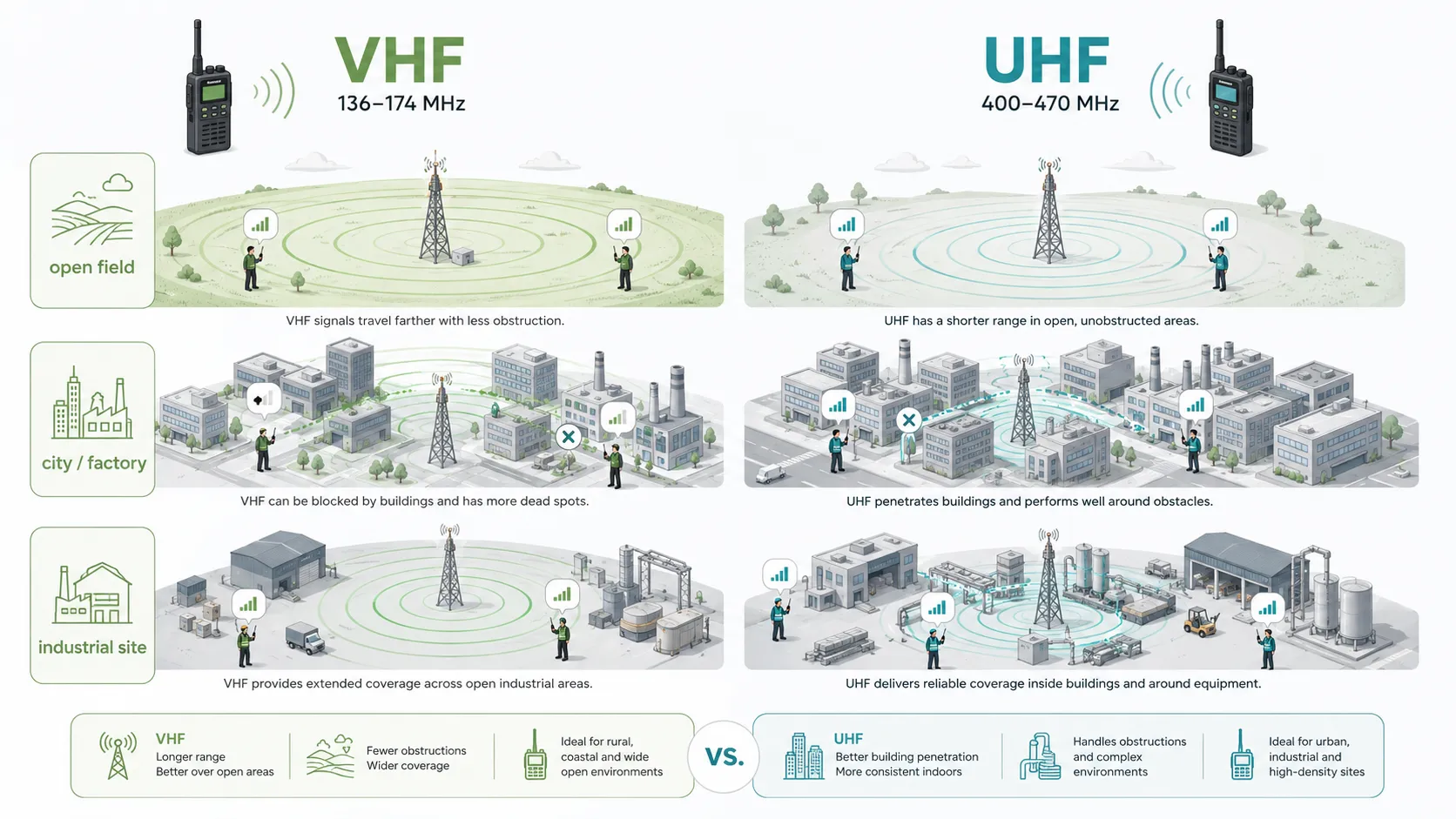 مقارنة تغطية VHF وUHF لأجهزة اللاسلكي ثنائية الاتجاه في مصنع ومدينة وحقل مفتوح