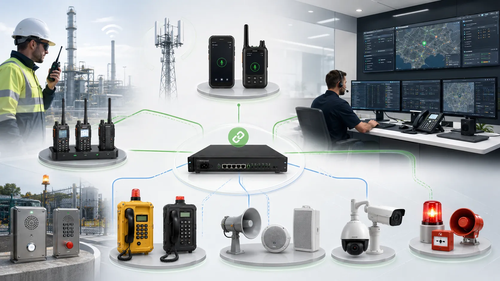 حل اتصال طوارئ هجين من Becke Telcom يربط أجهزة اللاسلكي وأجهزة PoC وبوابة RoIP وإرسال SIP والهواتف الصناعية ونظام PA وربط CCTV