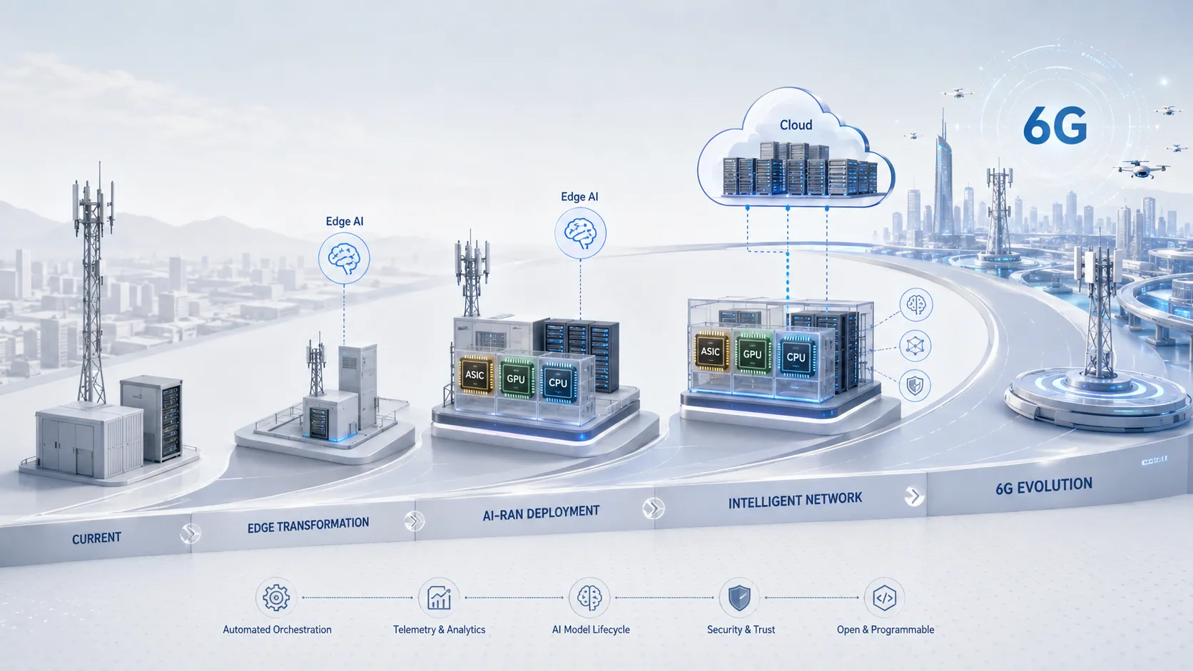 خارطة نشر AI-RAN للمشغلين باستخدام ASIC GPU CPU والحوسبة غير المتجانسة والذكاء الاصطناعي الطرفي وتنظيم السحابة وتطور 6G