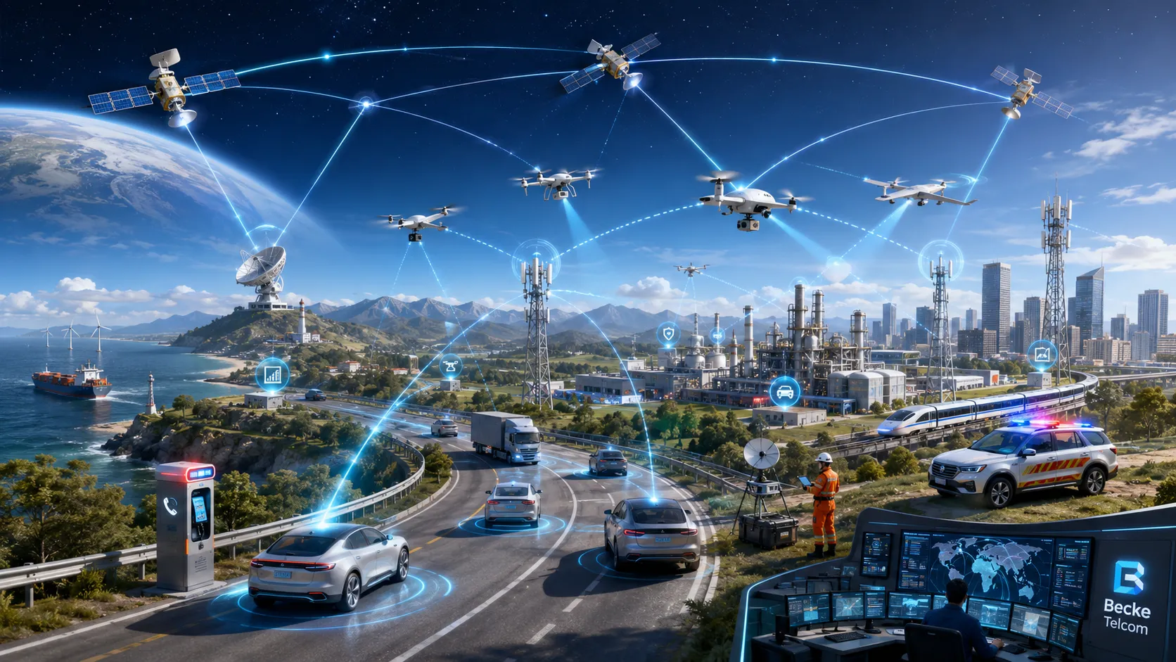 شبكة الجيل السادس 6G المتكاملة فضائية-جوية-أرضية تربط الأقمار الصناعية والطائرات بدون طيار والمحطات الأساسية والمركبات الذكية والمواقع الصناعية وأنظمة الاتصالات في حالات الطوارئ