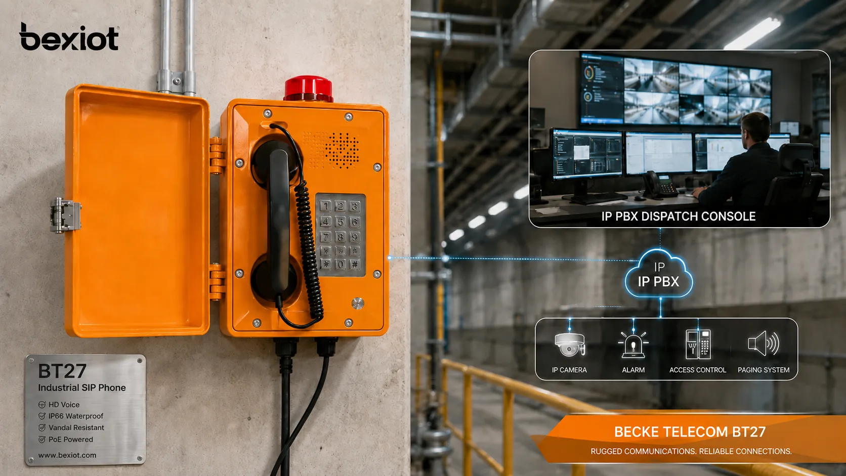 هاتف SIP صناعي Becke Telcom BT27 مثبت كطرفية اتصال داخلي جدارية متينة متصلة بـ IP PBX ووحدة dispatch وغرفة تحكم