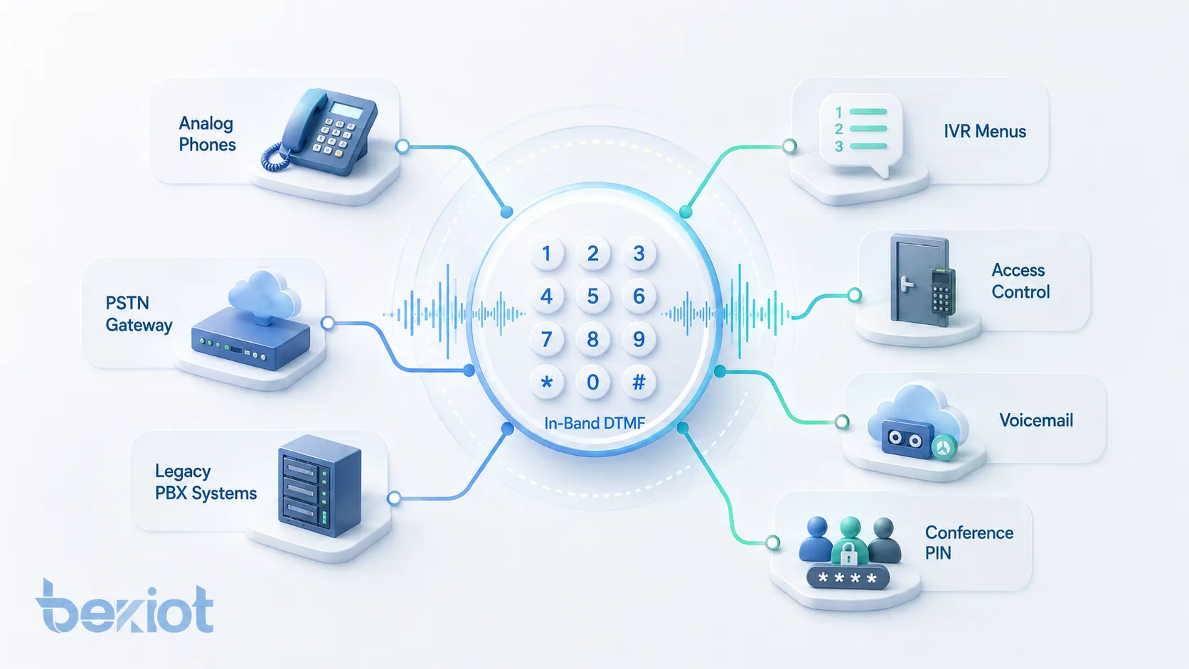 كيفية عمل DTMF داخل النطاق من ضغط المفتاح وتوليد النغمتين وترميز الصوت ونقل الصوت وكشف IVR للنغمة والتعرف على الرقم