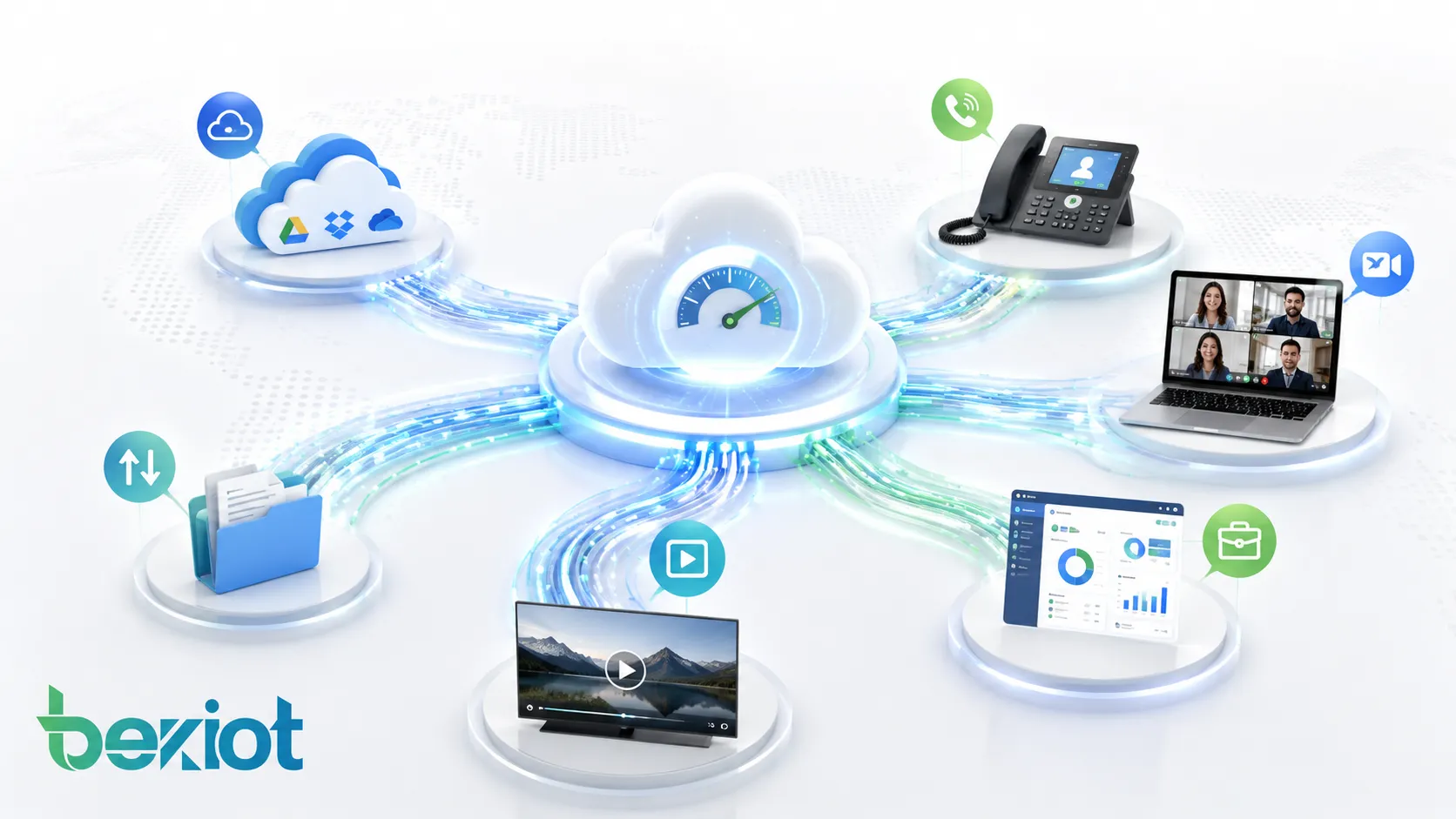 نظرة عامة على عرض النطاق تبين سعة الشبكة المشتركة بين الخدمات السحابية و VoIP واجتماعات الفيديو ونقل الملفات والبث وتطبيقات الأعمال