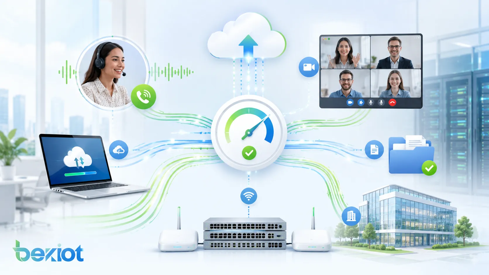 فوائد عرض النطاق مع VoIP سلس واجتماعات فيديو واضحة ووصول سريع إلى السحابة ونقل ملفات مستقر وشبكات مؤسسات قابلة للتوسع