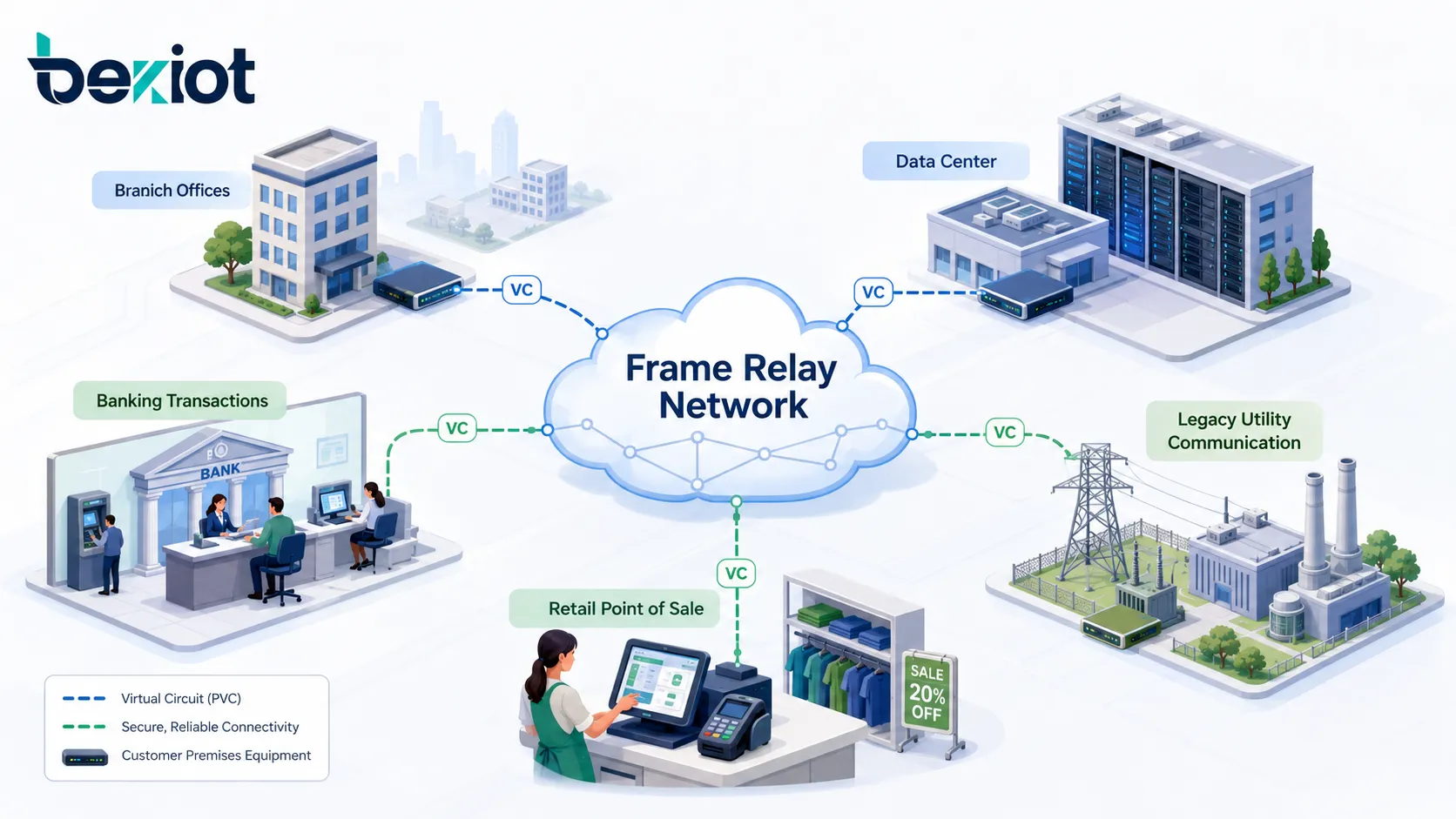 مخطط Frame Relay يوضح Frame Relay، مركز بيانات، فرع، تقنية قديمة وعلاقة الاتصال في WAN المؤسسية