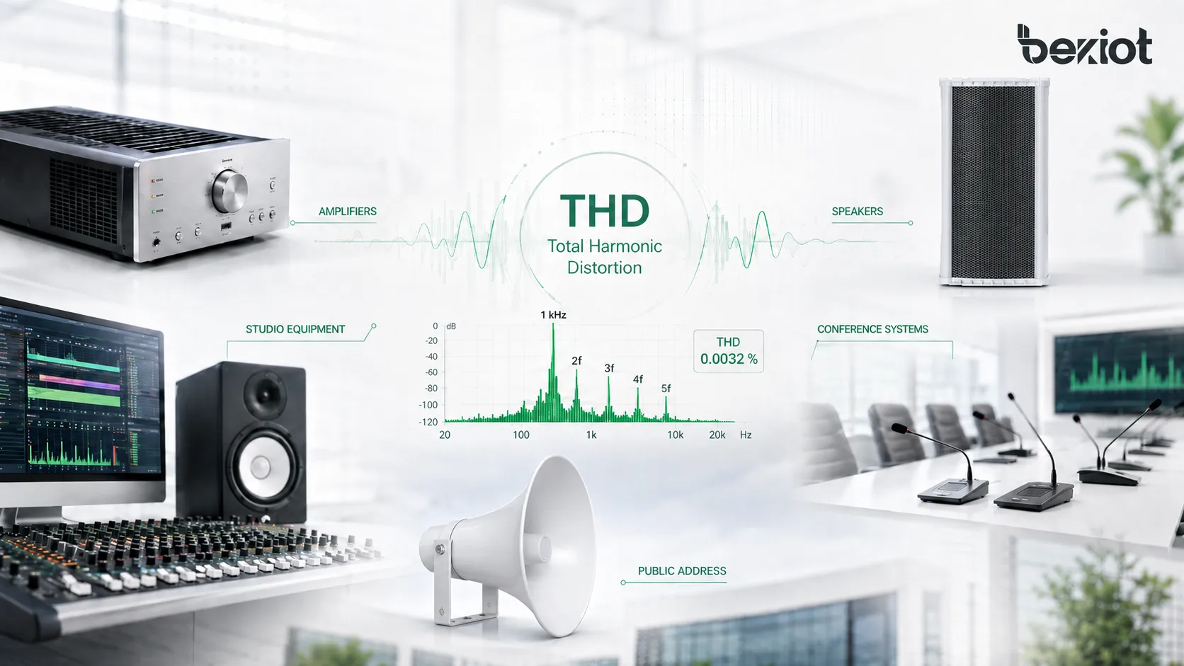 تطبيقات التشوه التوافقي الكلي THD في المضخمات والسماعات ومعدات الاستوديو وأنظمة المؤتمرات والصوت للمخاطبة العامة