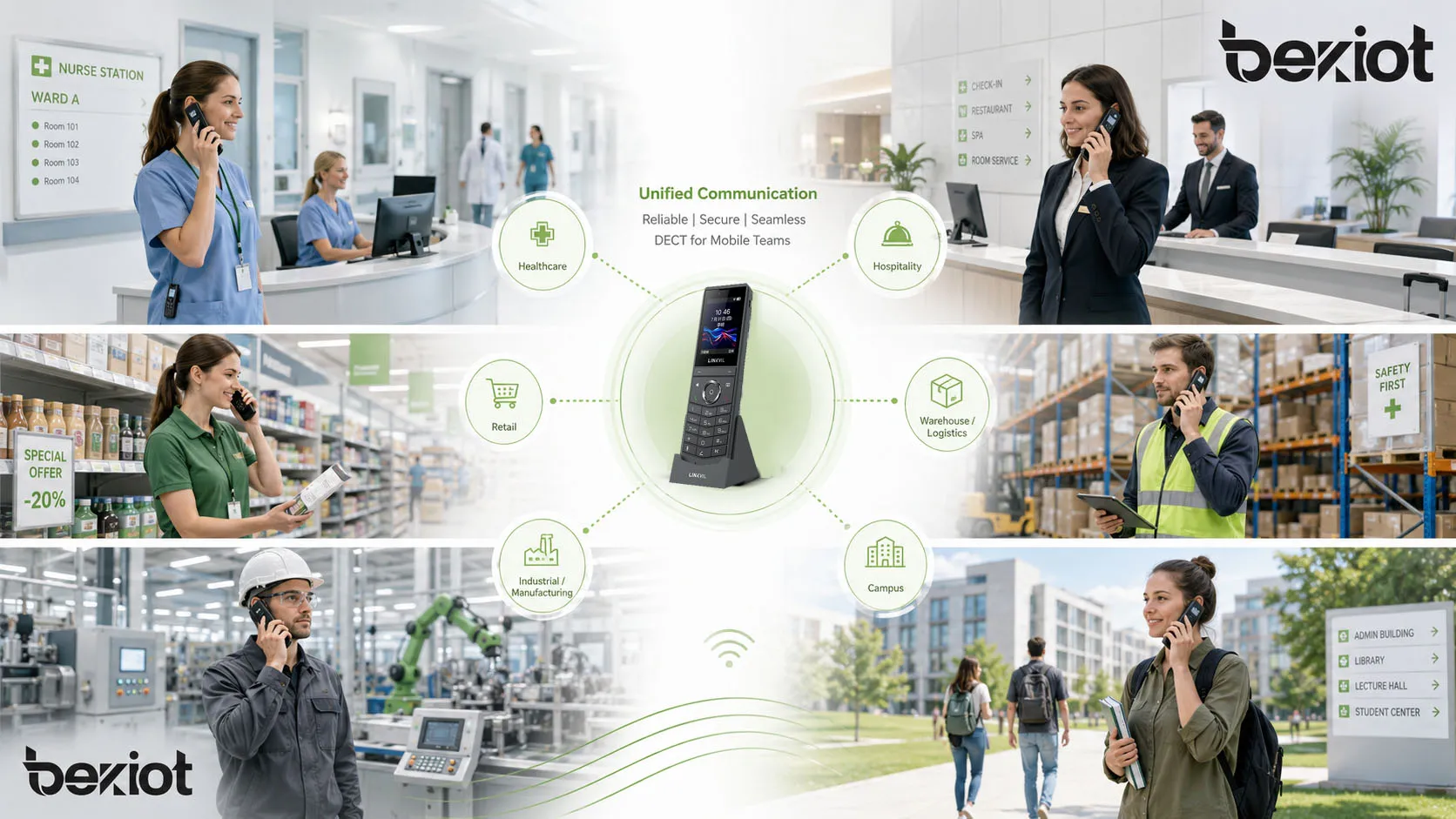 تطبيقات DECT المؤسسية في بيئات اتصالات الرعاية الصحية والضيافة والتجزئة والمستودعات والصناعة والحُرُم الجامعية