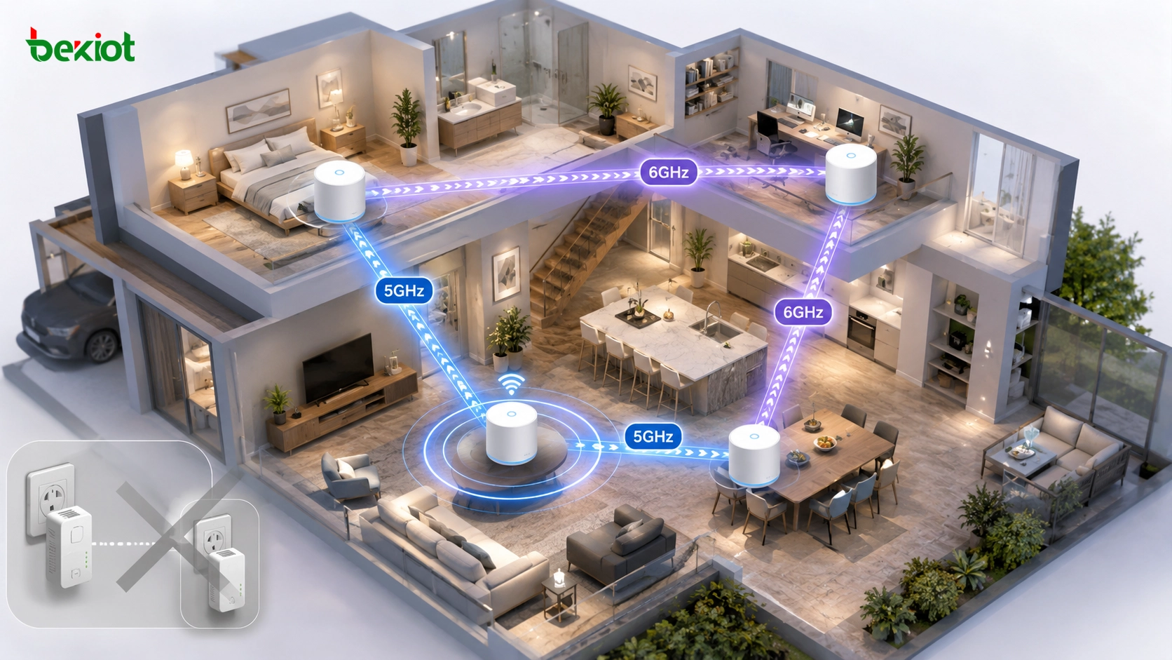 شبكة Wi-Fi Mesh تحل محل محولات Powerline لتغطية المنزل بالكامل مع ربط خلفي لاسلكي 5GHz و6GHz