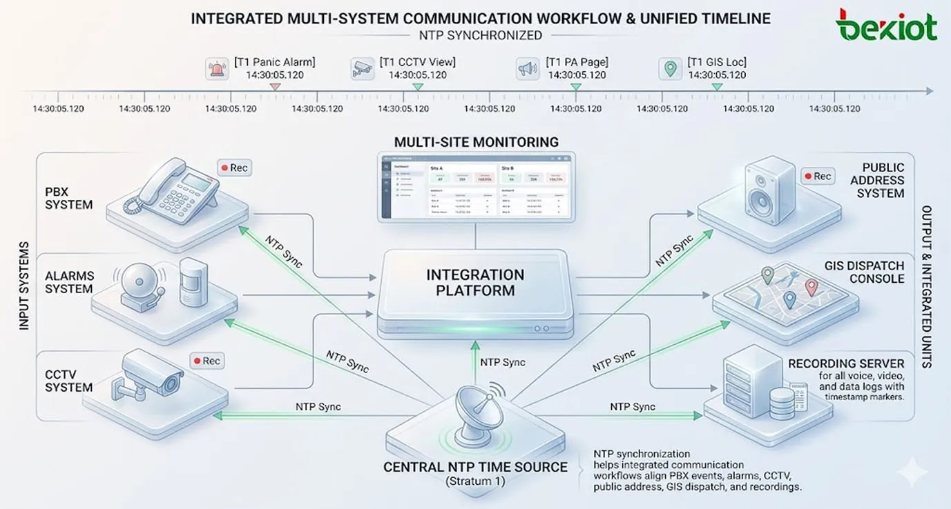 مزامنة NTP في سير عمل اتصالات متعدد الأنظمة يظهر PBX والإنذارات وكاميرات المراقبة والعناوين العامة وتوزيع GIS والتسجيل والمراقبة متعددة المواقع