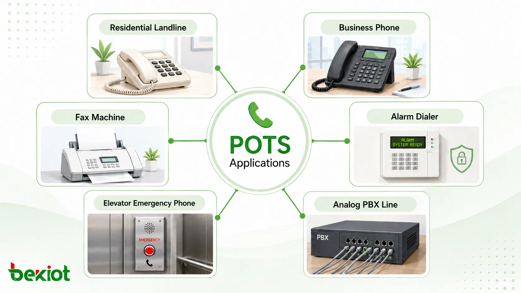 تطبيقات POTS تظهر الهاتف الأرضي السكني والهاتف التجاري وجهاز الفاكس وجهاز إنذار الإنذار وهاتف المصاعد الطارئ وخط PBX التناظري