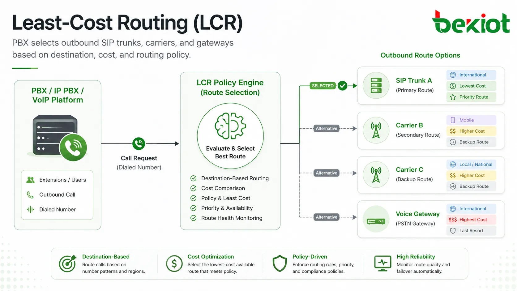 مخطط Least-Cost Routing LCR يوضح اختيار PBX لجذوع SIP والمشغلين والبوابات حسب تكلفة الوجهة وسياسة التوجيه