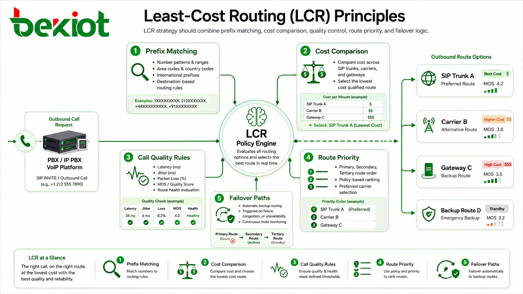 مبادئ Least-Cost Routing LCR تشمل مطابقة البادئات ومقارنة التكلفة وقواعد الجودة وأولوية المسار ومسارات التحويل الاحتياطي