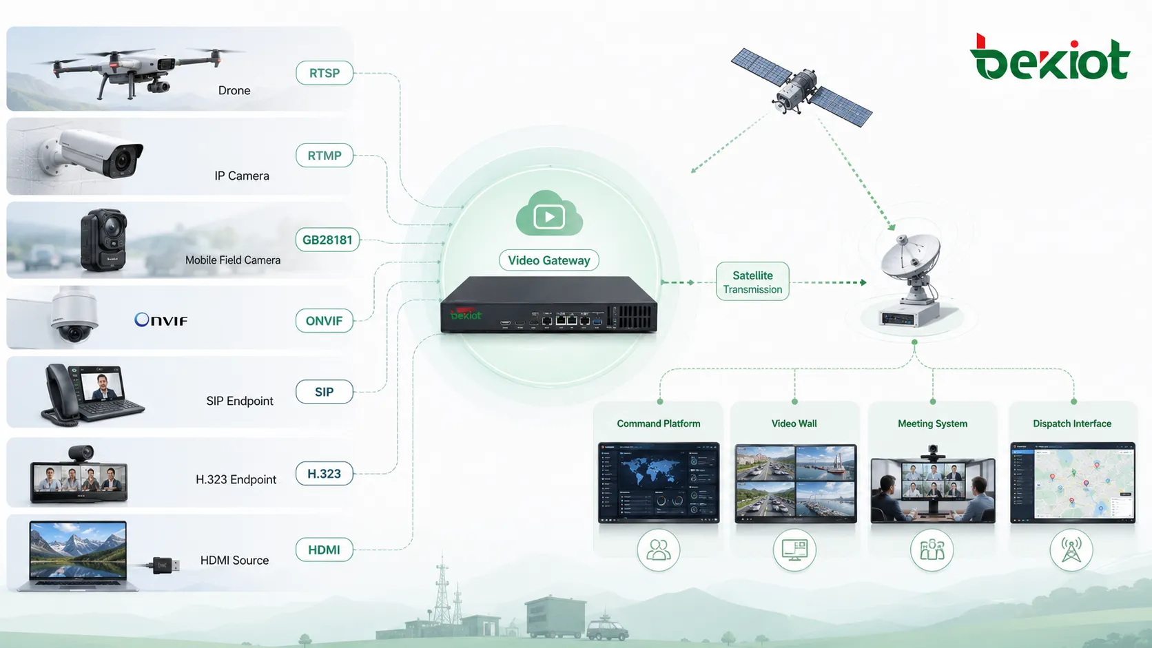 بنية بوابة الفيديو التي تربط مصادر فيديو الطائرات بدون طيار RTSP RTMP GB28181 ONVIF SIP H323 HDMI مع النقل عبر القمر الصناعي ومنصة القيادة