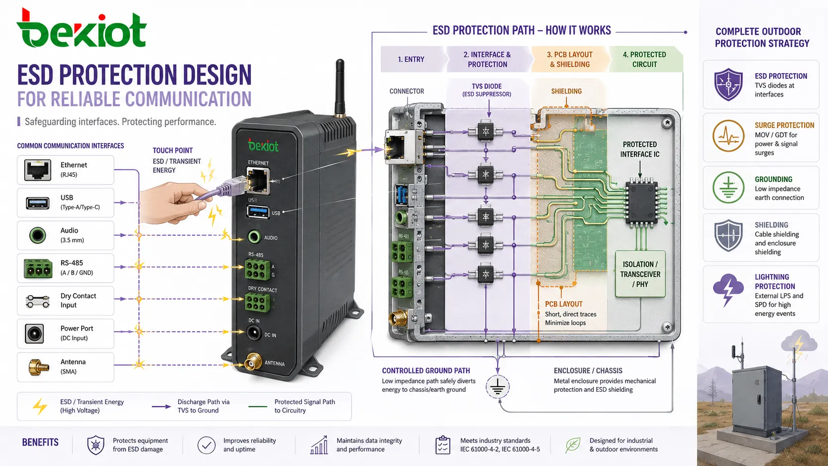 تصميم الحماية من التفريغ الكهروستاتيكي يظهر دايود TVS وتدريع الموصل وتخطيط PCB ومسار الأرضي وهيكل الجهاز ونقطة اللمس وواجهة اتصال محمية