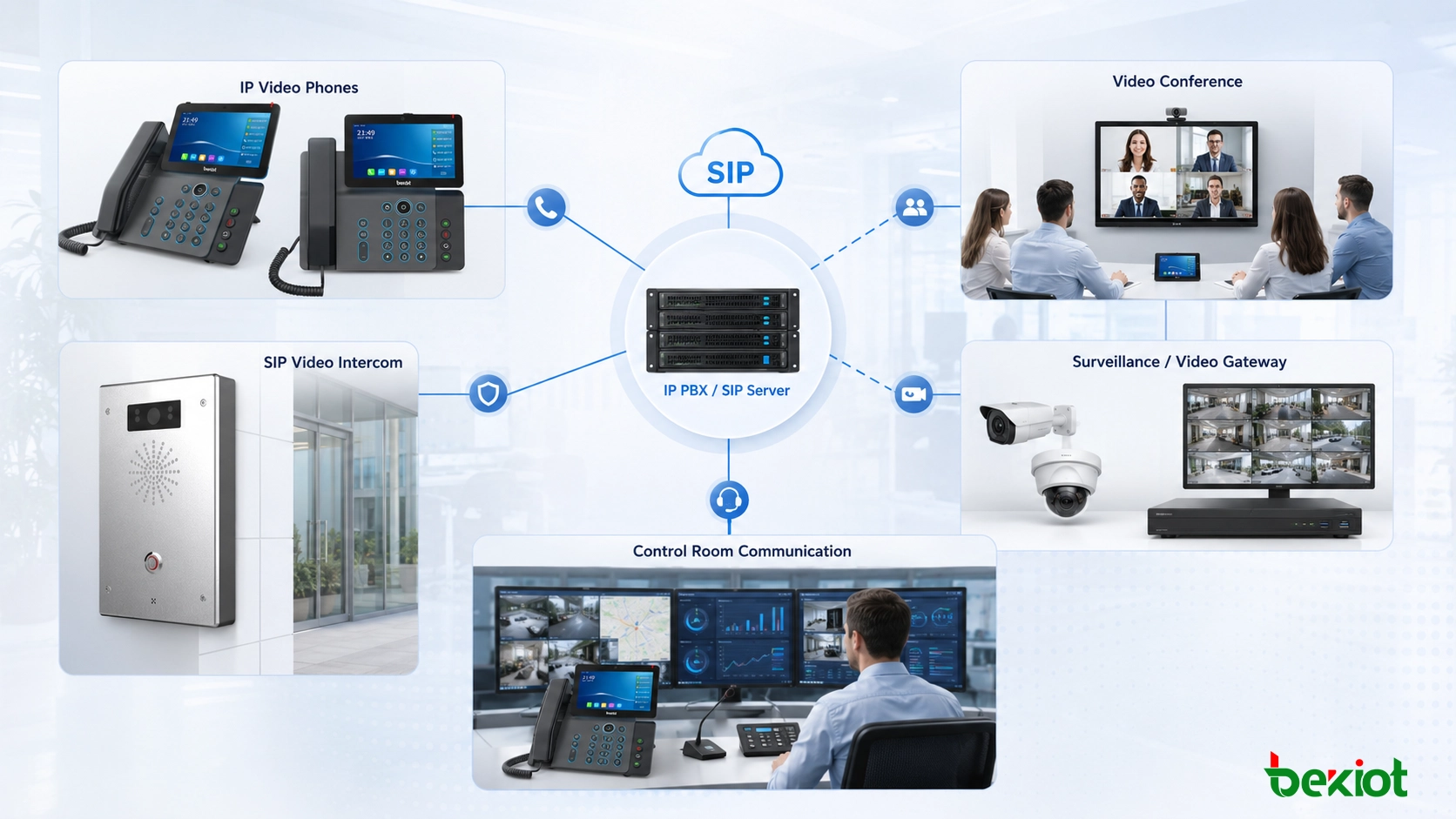 ربط مرئي في IP PBX يعرض هاتف IP غير مرئي مرتبطًا بكاميرا مراقبة وظهور فيديو تلقائي أثناء حدث مكالمة