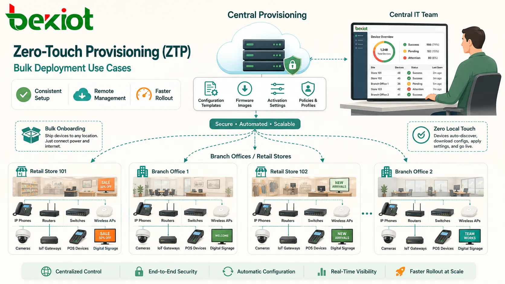 حالات استخدام النشر الجماعي Zero-Touch Provisioning ZTP مع هواتف IP وموجهات ومبدلات ونقاط وصول لاسلكية وكاميرات وبوابات IoT وأجهزة فروع