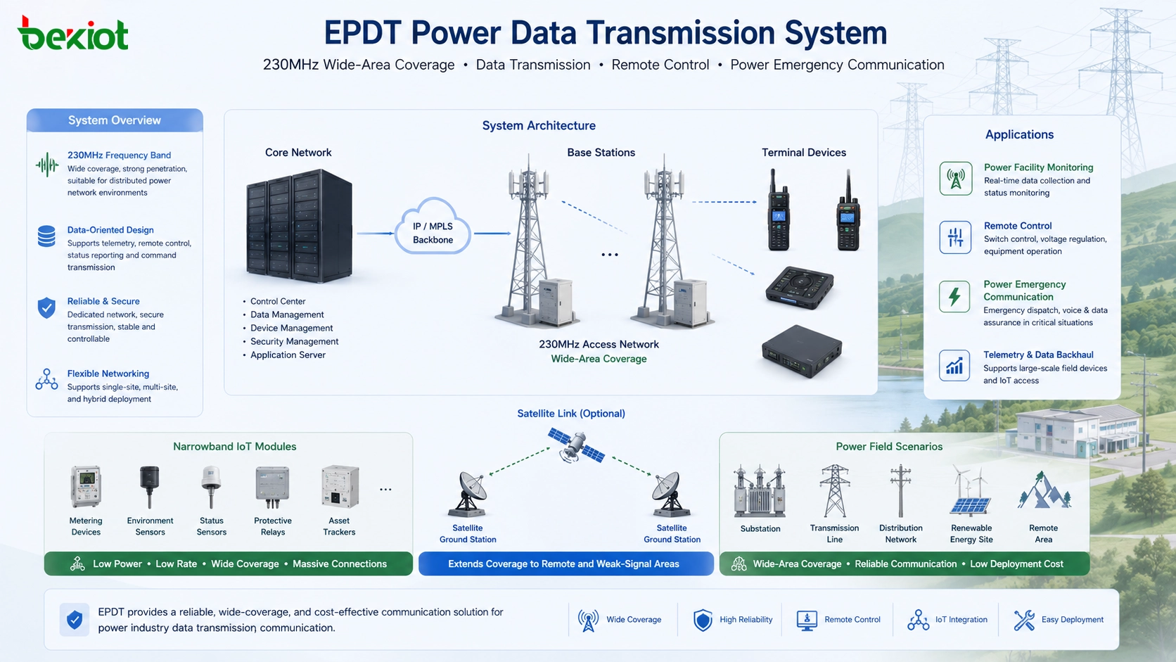 نظام EPDT لنقل بيانات الطاقة يستخدم شبكة أساسية 230MHz ومحطات قاعدية وطرفيات ورابط قمر صناعي ووحدات إنترنت أشياء ضيقة النطاق وتحكم عن بعد واتصالات طوارئ الطاقة