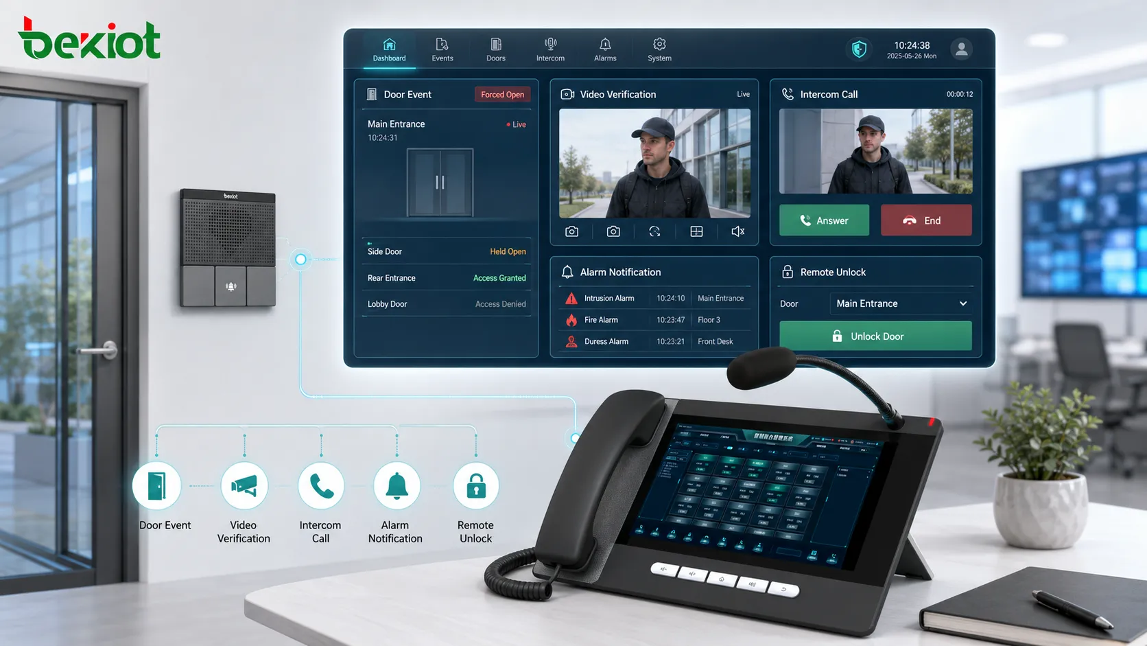 شاشة تكامل التحكم في الوصول تعرض حدث باب والتحقق بالفيديو ومكالمة إنتركوم وإشعار إنذار وقرار فتح عن بعد