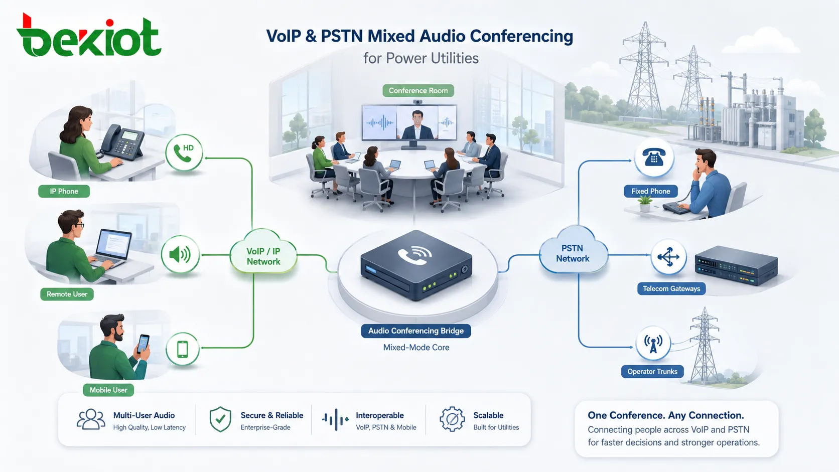 تكامل المؤتمرات الصوتية للقيادة الطارئة في قطاع الطاقة يربط مركز الإرسال و MCU لمؤتمرات الفيديو ومنصة OA والتحكم عبر API وبوابة صوت غرفة الاجتماع والمستخدمين الميدانيين