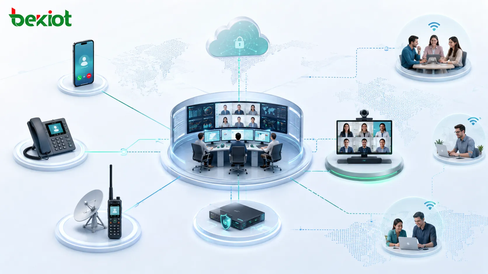 بنية هجينة للمؤتمرات الصوتية واجتماعات الفيديو تربط مركز القيادة ومنصة SIP ونظام فيديو MCU والهواتف المحمولة والهواتف الثابتة وهواتف الأقمار الصناعية والفرق البعيدة