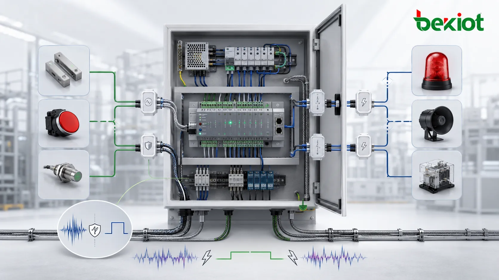تطبيق GPIO في معدات صناعية مع مرحل إنذار وملامس مستشعر وتكامل خزانة تحكم