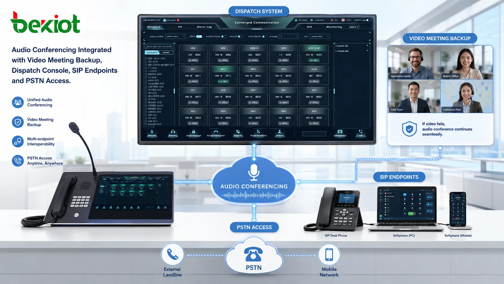 مؤتمرات صوتية متكاملة مع نسخ فيديو احتياطي ووحدة تحكم إرسال وأطراف SIP ووصول PSTN
