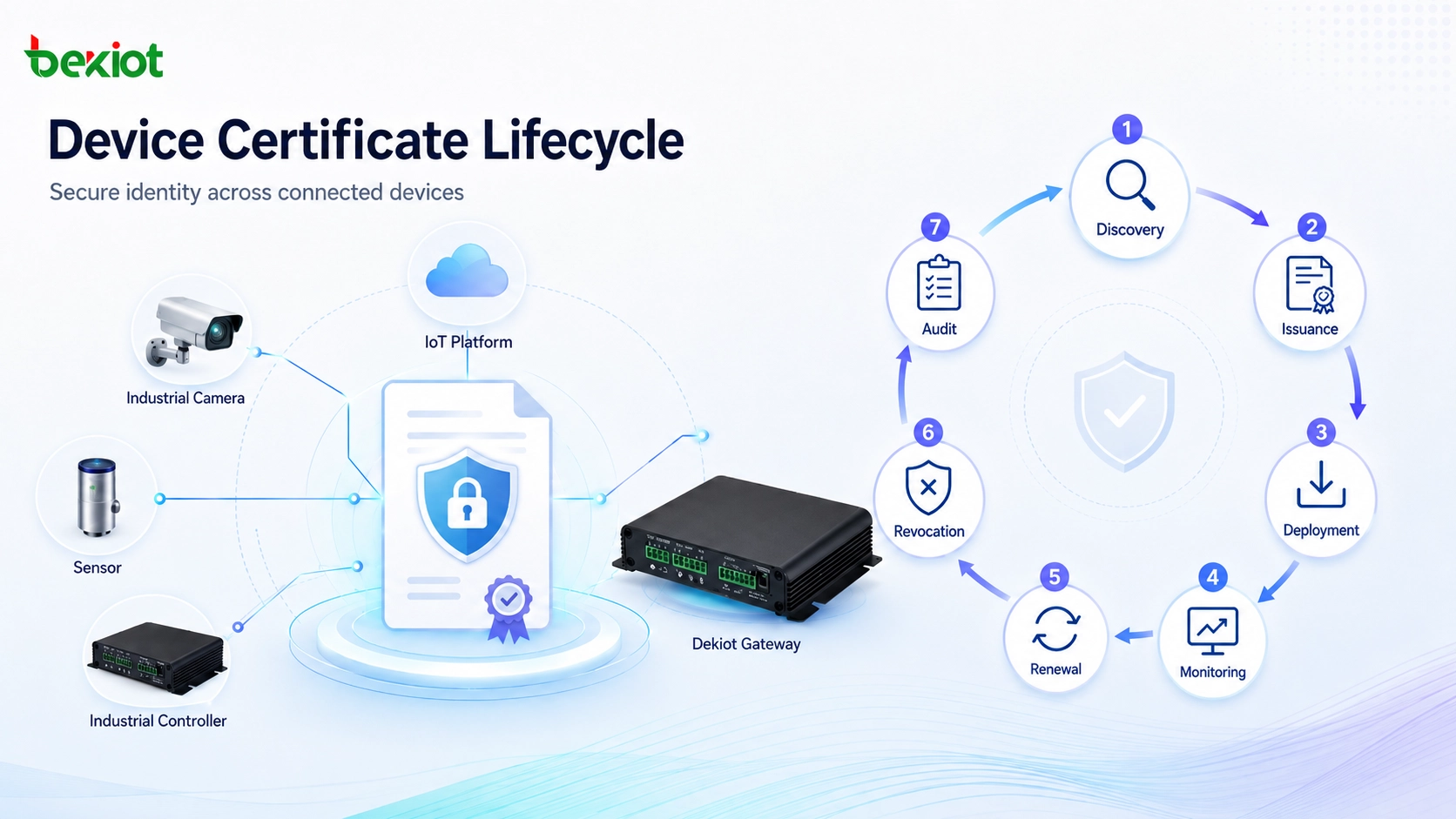 دورة حياة الشهادة الرقمية تظهر الإصدار والنشر والتجديد والإبطال وإدارة التدقيق