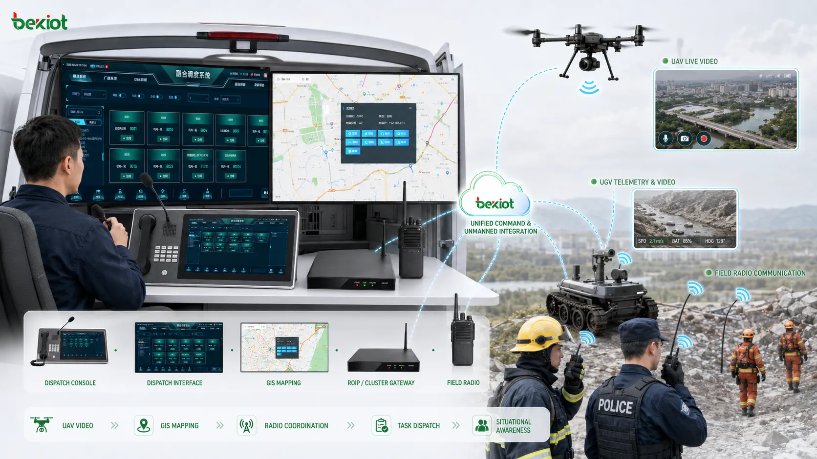 معدات غير مأهولة مدمجة مع نظام قيادة ميداني لفيديو UAV وخرائط GIS وتنسيق الراديو وتوزيع المهام