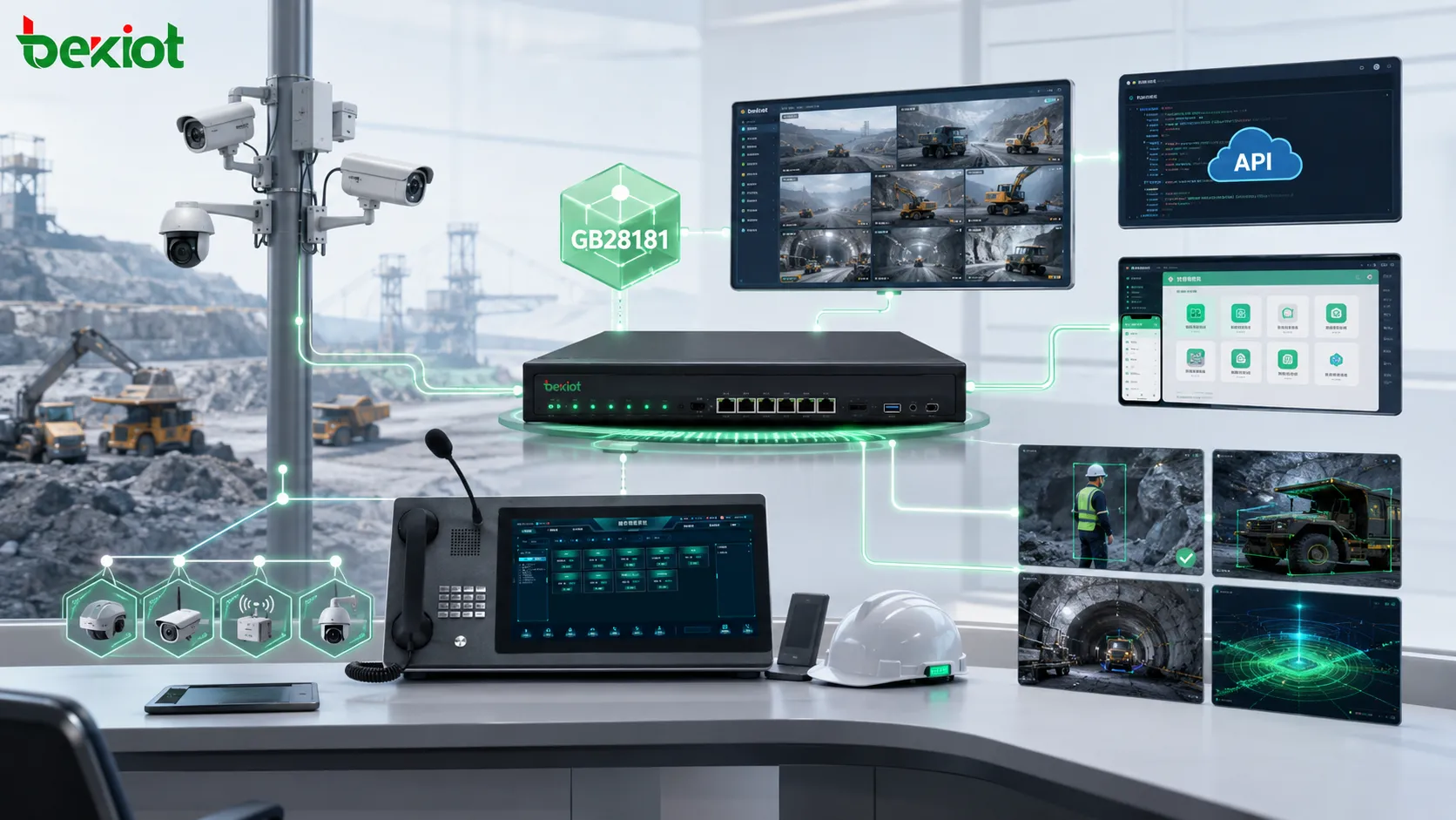 Smart mine video gateway connecting GB28181 surveillance API inspection apps and intelligent video analysis