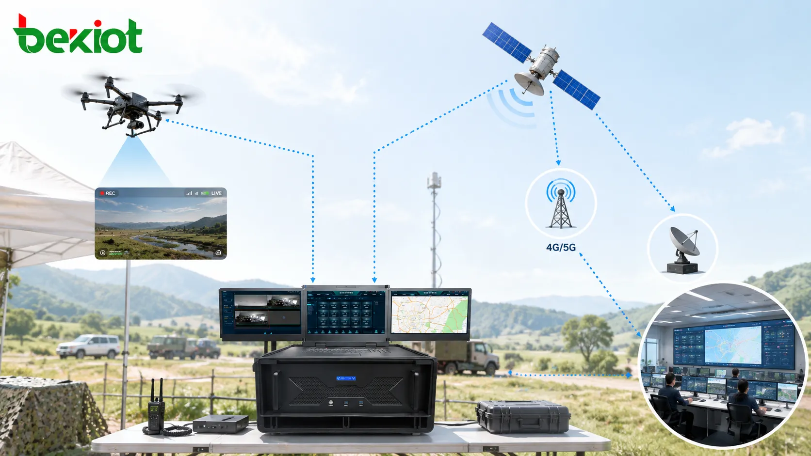 إرجاع فيديو الطائرات المسيّرة عبر شبكة عريضة ذاتية التنظيم ونقل عبر الأقمار الصناعية و4G و5G