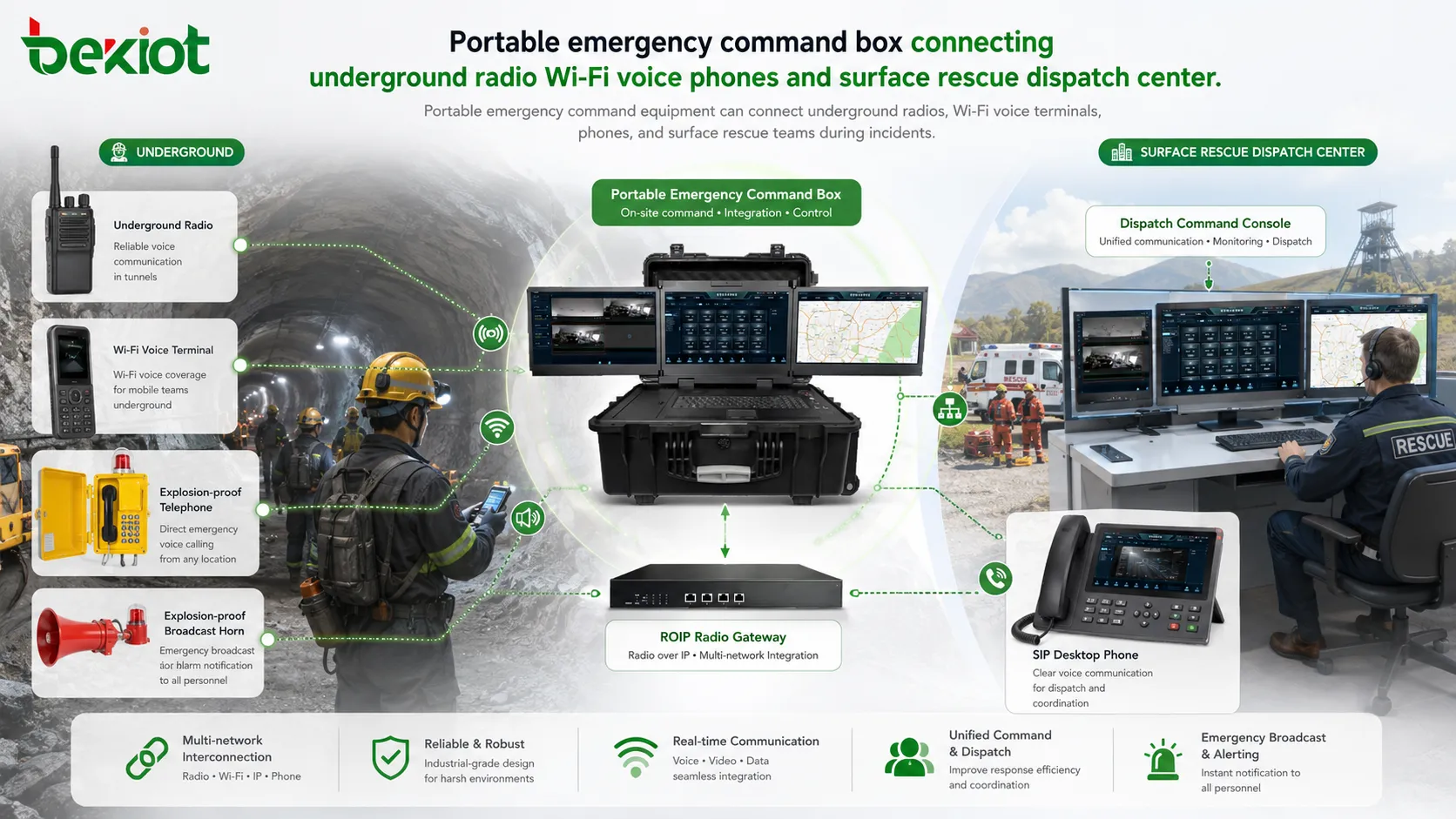 صندوق قيادة طارئ محمول يربط بين الراديو تحت الأرض وهواتف Wi-Fi الصوتية ومركز إرسال إنقاذ على السطح