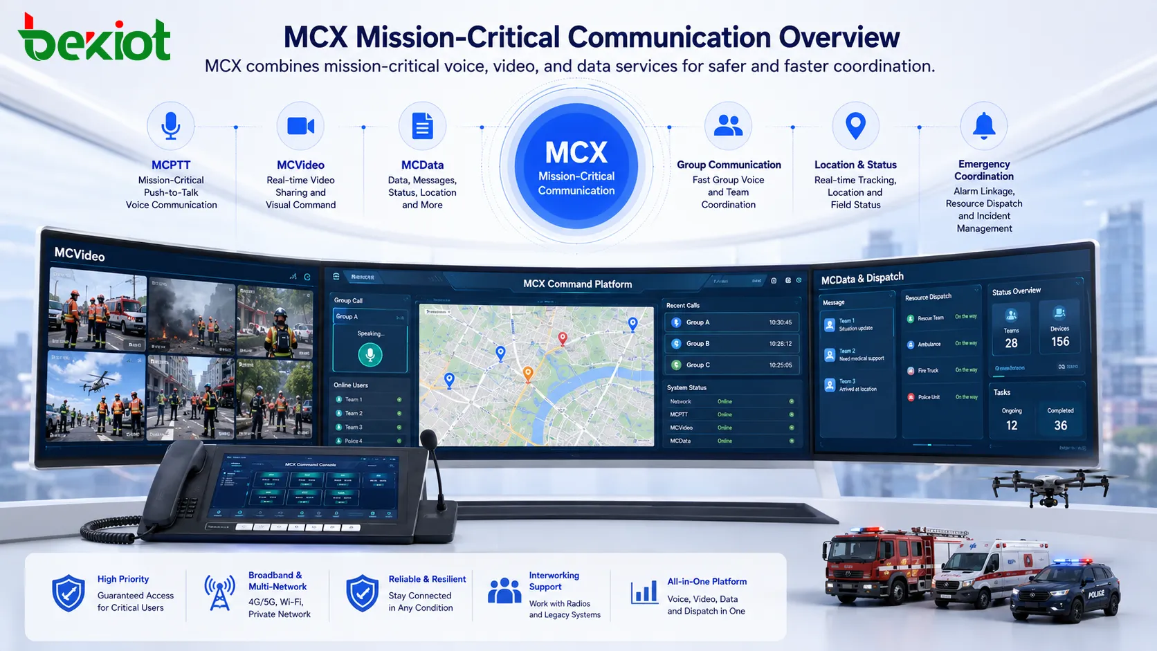 منصة قيادة فيديو MCX تدمج فيديو الميدان ووحدة الإرسال وخريطة GIS والاتصال الطارئ