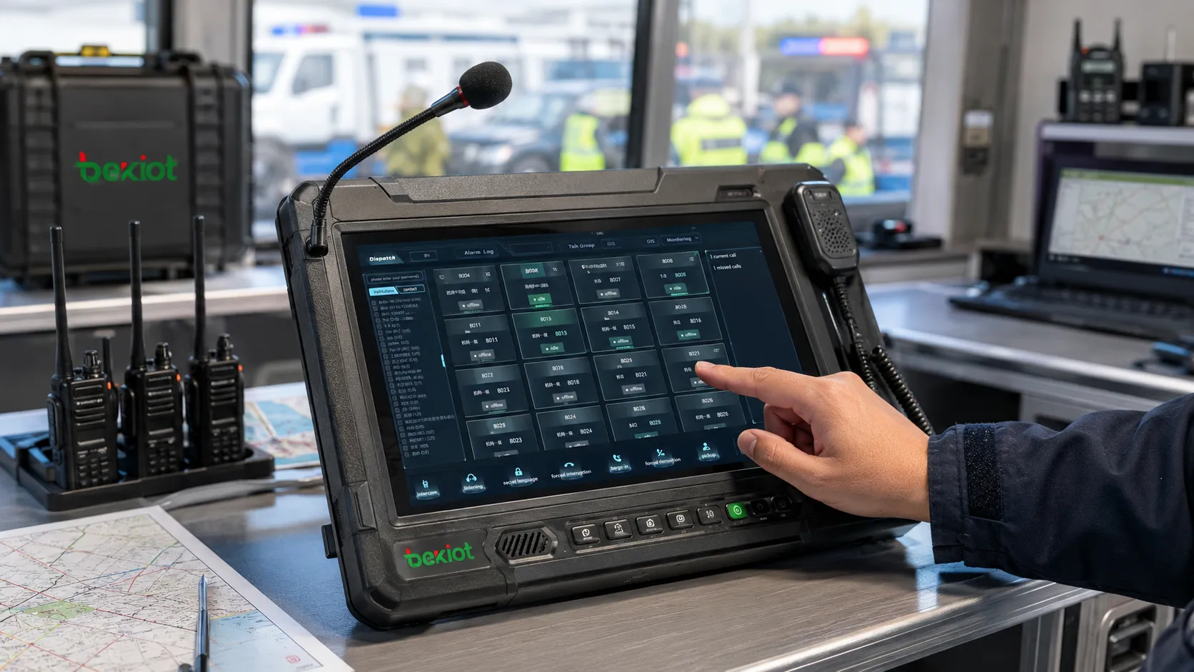 وحدة dispatch صوتية محمولة تدير مجموعات لاسلكية مؤقتة عبر تشغيل لوحة لمس في مركز قيادة طوارئ